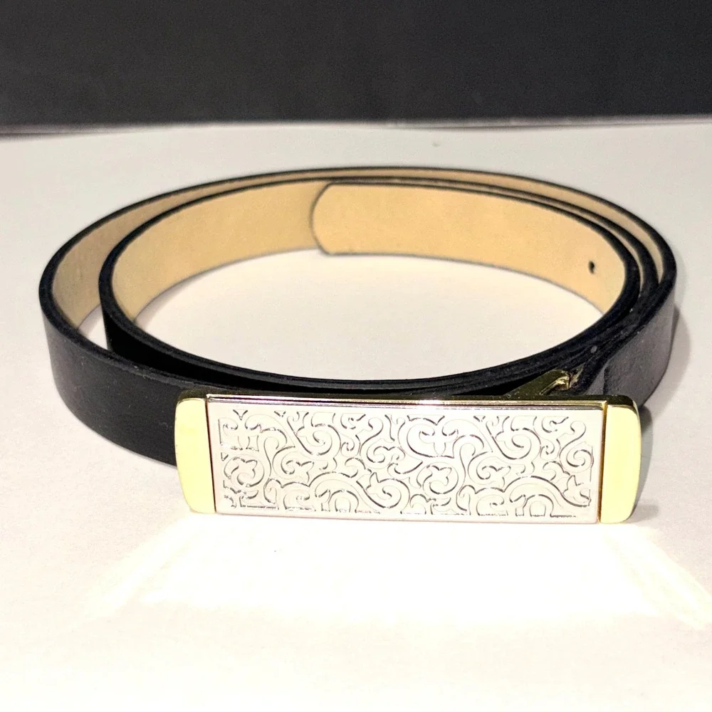Black Skinny Belt Mixed Metal Silver Gold Filigree Plaque Buckle Medium 32-38